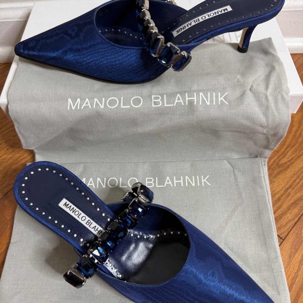 Manolo Blahnik Navy Blue Jeweled Slingback Pumps - Picture 3 of 8